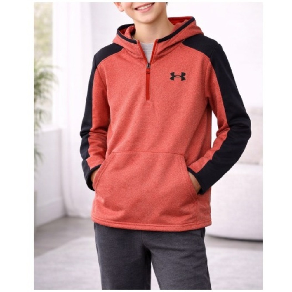 Under Armour Boys Coral Black ColdGear 1/4 Zip Hoodie Size L